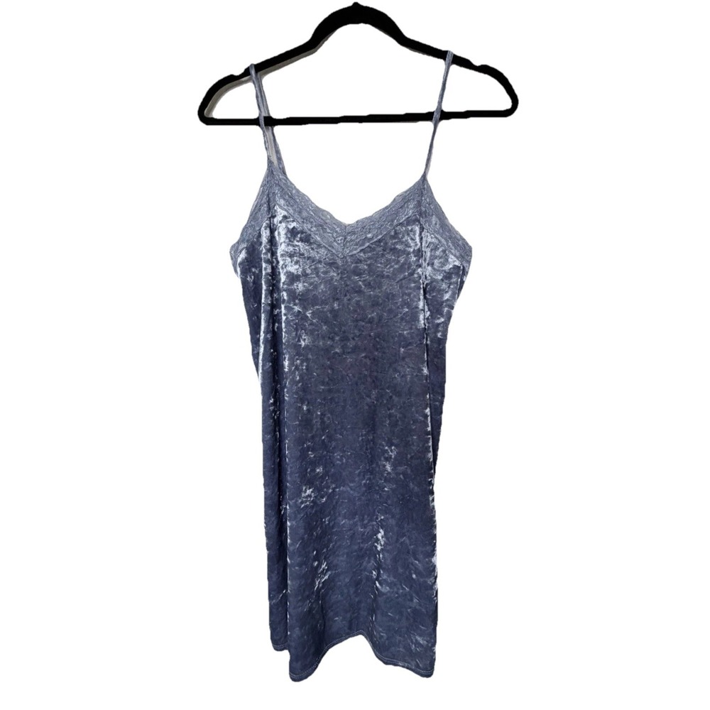 Y2K Crushed Velvet Slip Dress L Lace Trim Mini Soft Girl Night Out